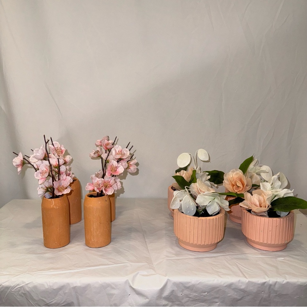 Set of Faux Floral Arrangements in Pink and Peach Vases | 8 Total